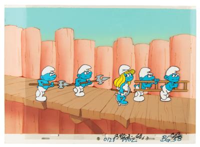 Lot #851 Smurfette and four Smurfs production cel and master production background from The Smurfs television show