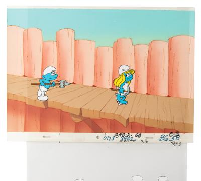 Lot #851 Smurfette and four Smurfs production cel and master production background from The Smurfs television show - Image 2