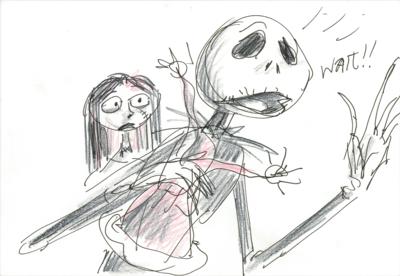 Lot #794 Jorgen Klubien production storyboard drawing of Jack Skellington and Sally from The Nightmare Before Christmas