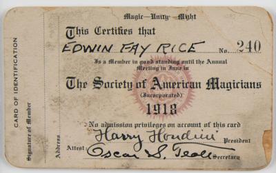 Lot #568 Harry Houdini Signed SAM Membership Card - Image 2