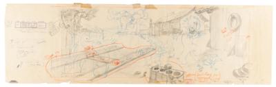 Lot #648 Mickey Mouse, Donald Duck, Goofy, and Peg Leg Pete large production panorama layout drawing from Mickey's Service Station - Image 1
