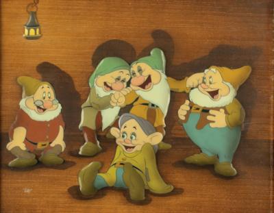 Lot #677 Dopey, Doc, Sleepy, Bashful, and Happy production cel set-up from Snow White and the Seven Dwarfs - Image 1