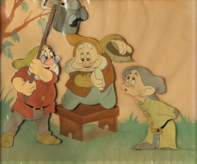 Lot #678 Doc, Happy, and Dopey production cel set-up from Snow White and the Seven Dwarfs - Image 1