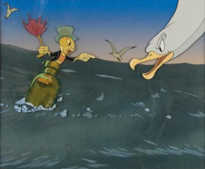 Lot #716 Jiminy Cricket and a seagull production cel set-up from Pinocchio - Image 1