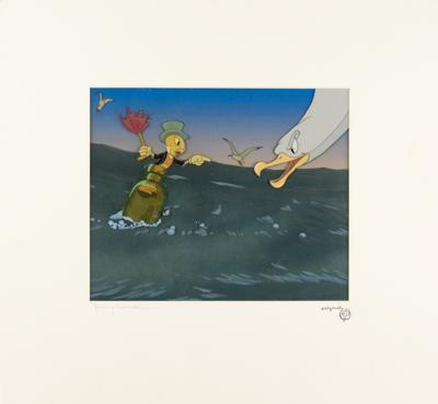 Lot #716 Jiminy Cricket and a seagull production cel set-up from Pinocchio - Image 2