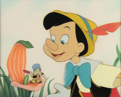 Lot #719 Pinocchio and Jiminy Cricket production cel set-up from Pinocchio - Image 1