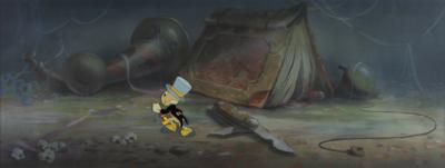 Lot #720 Jiminy Cricket production cel and super panorama production master background from Pinocchio