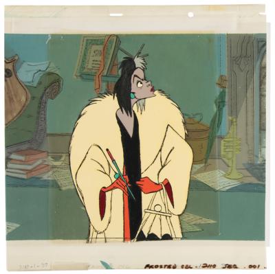Lot #763 Cruella De Vil production cel and hand-painted production master background from One Hundred and One Dalmatians