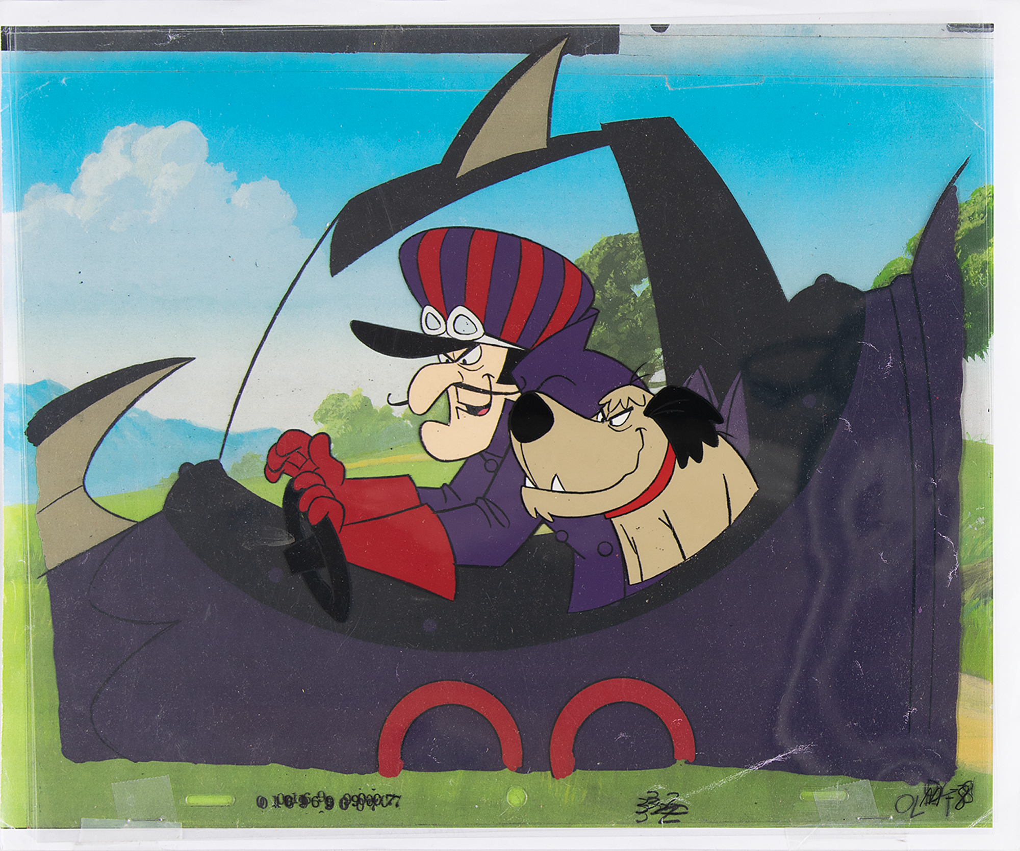 Lot #849 Dick Dastardly and Muttley key master laser background cel set-up from Wacky Races