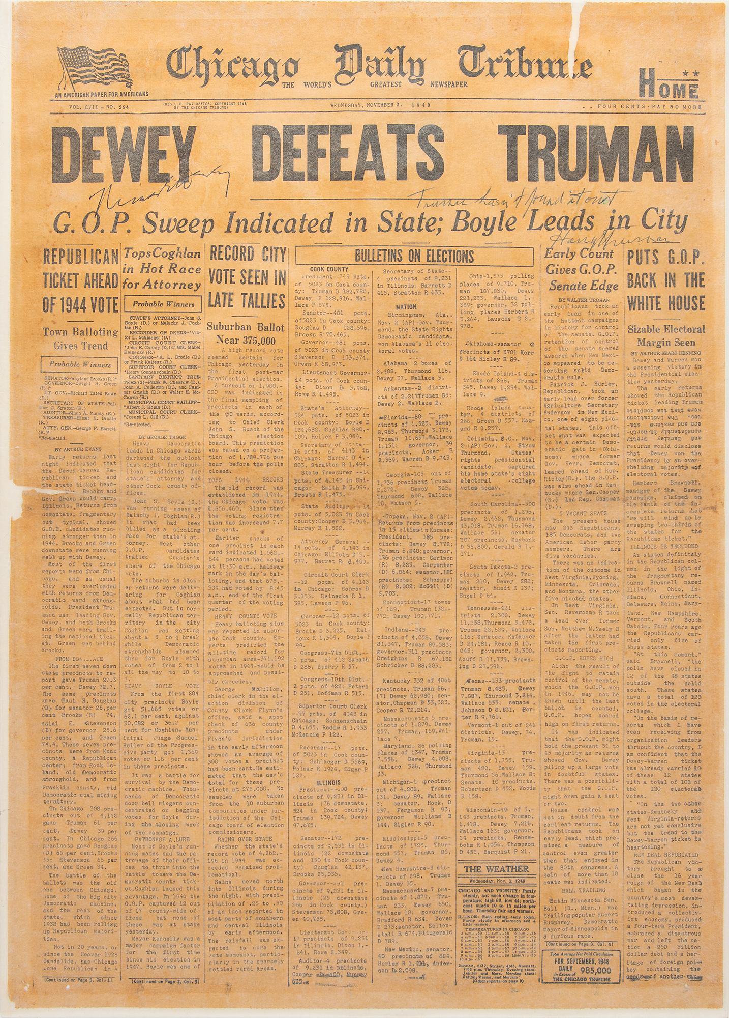 Lot #3011 Harry S. Truman and Thomas Dewey Signed Front Page of the Chicago Daily Tribune Newspaper