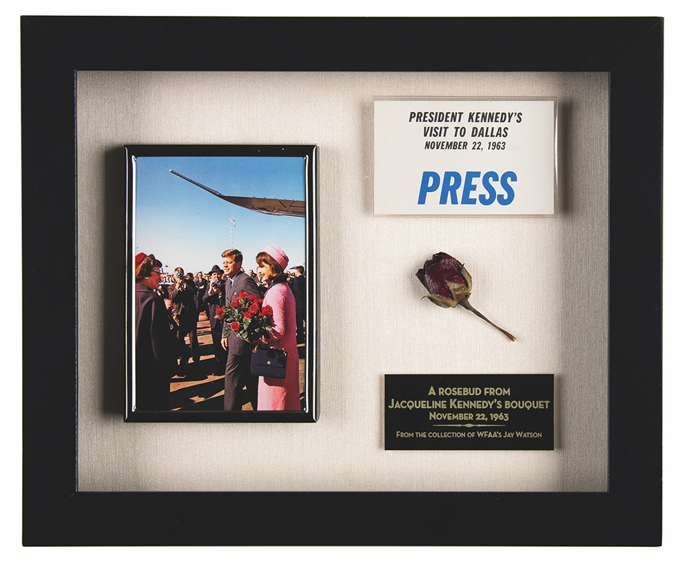 Lot #3007 John F. Kennedy Assassination: Rosebud from Jackie's Bouquet and Jay Watson's Press Pass