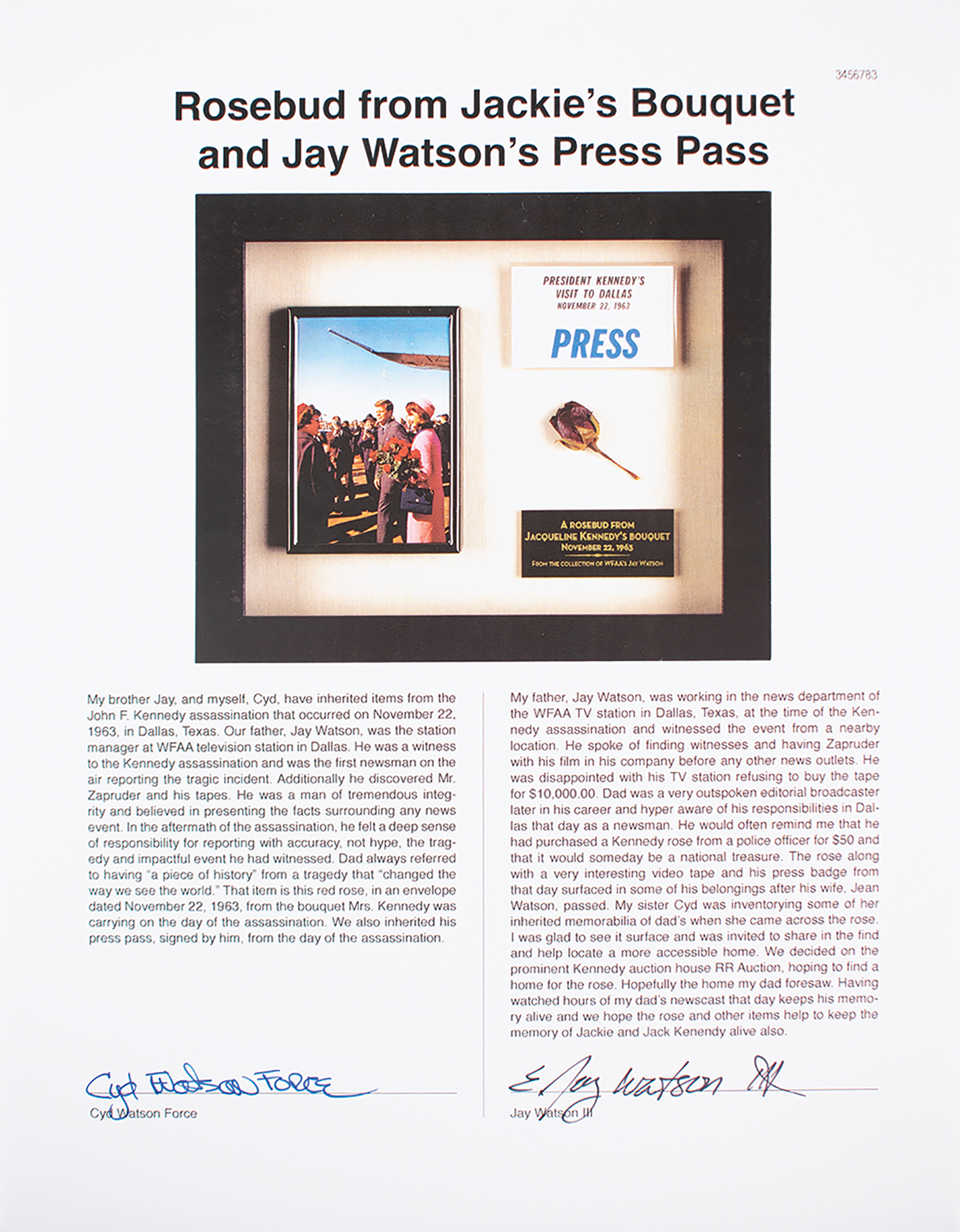 Lot #3007 John F. Kennedy Assassination: Rosebud from Jackie's Bouquet and Jay Watson's Press Pass - Image 4