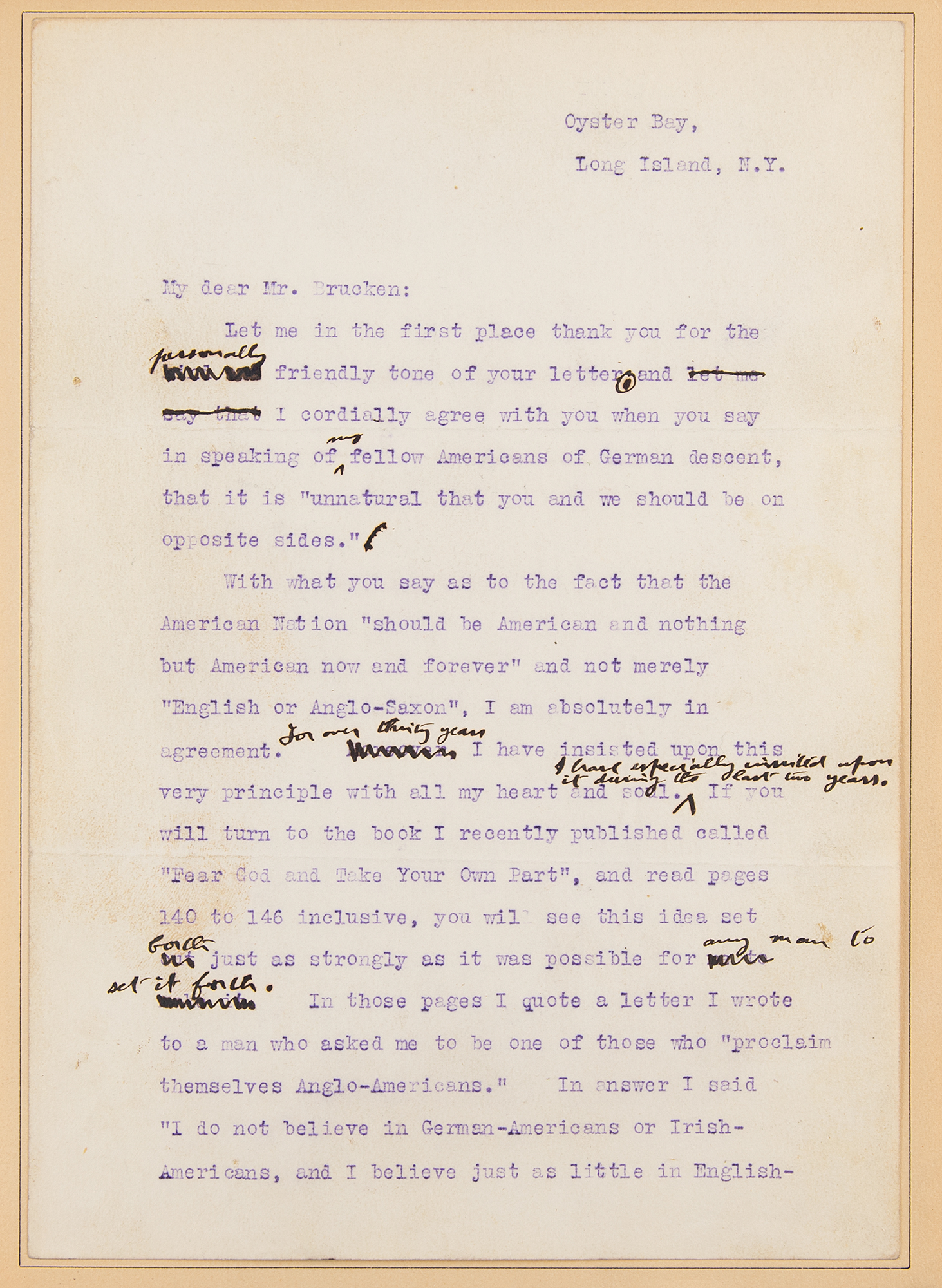 Lot #3008 Theodore Roosevelt Hand-Edited Typed Letter
