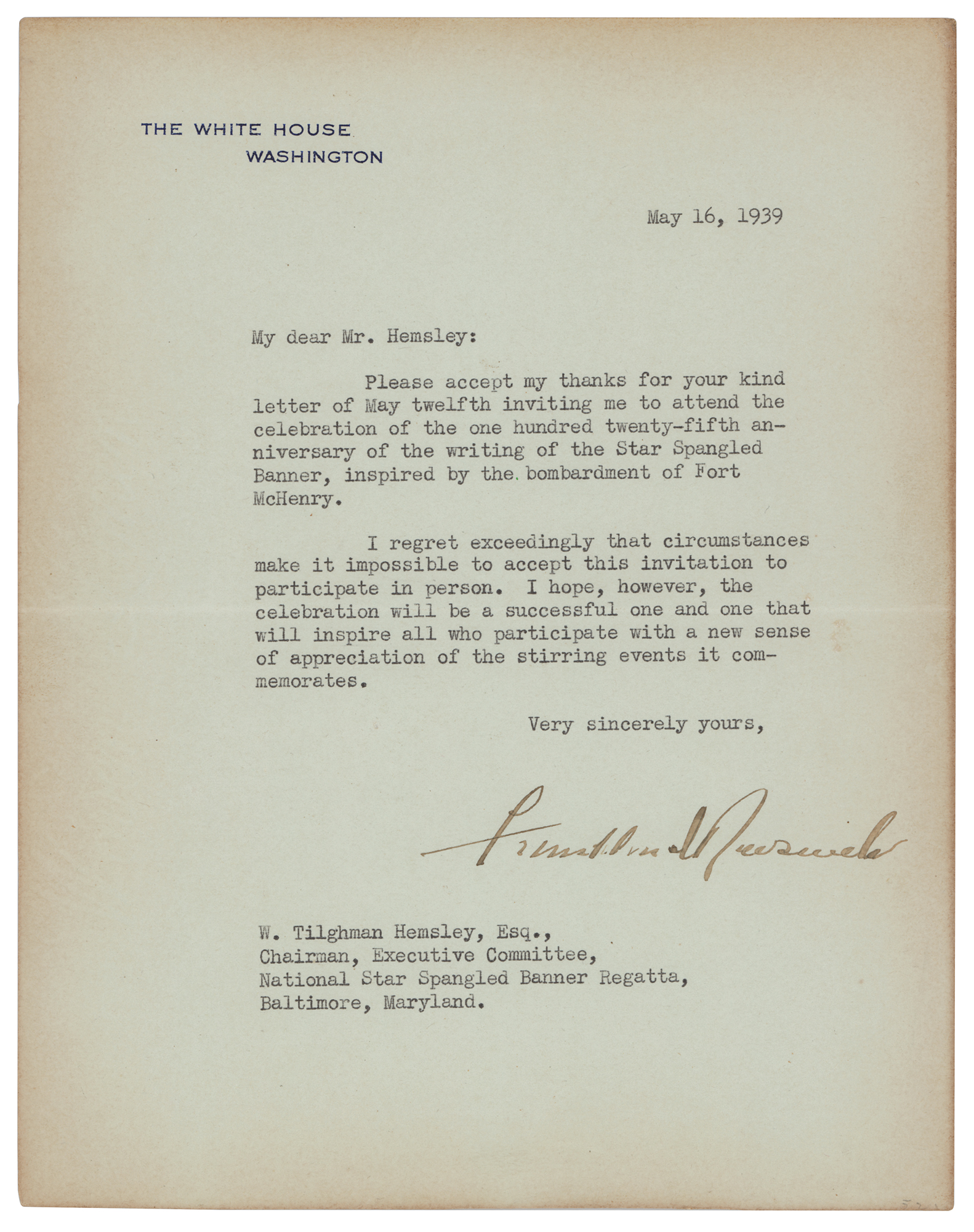 Lot #12 Franklin D. Roosevelt Typed Letter Signed as President on Star Spangled Banner