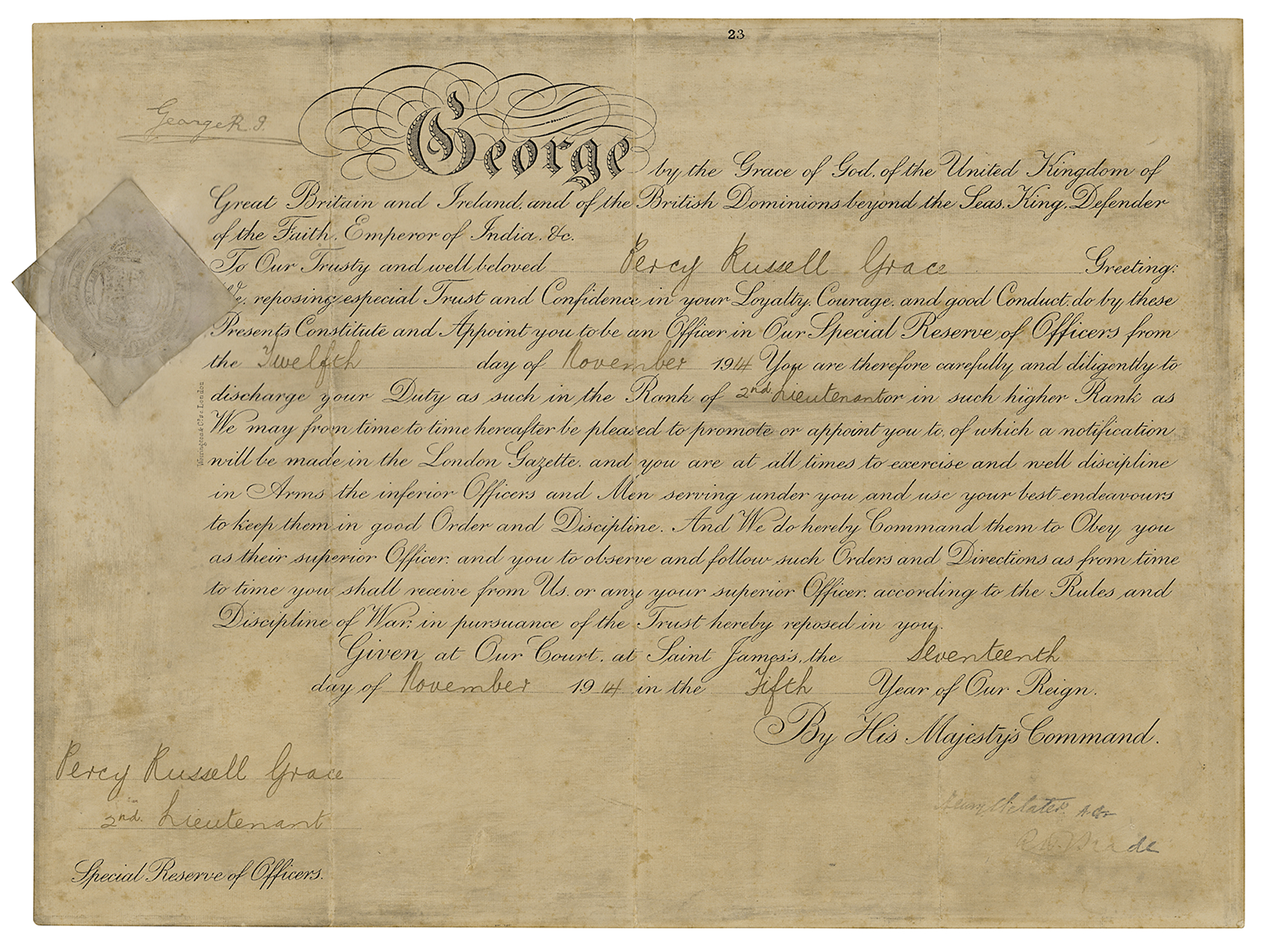 Lot #232 King George V Document Signed