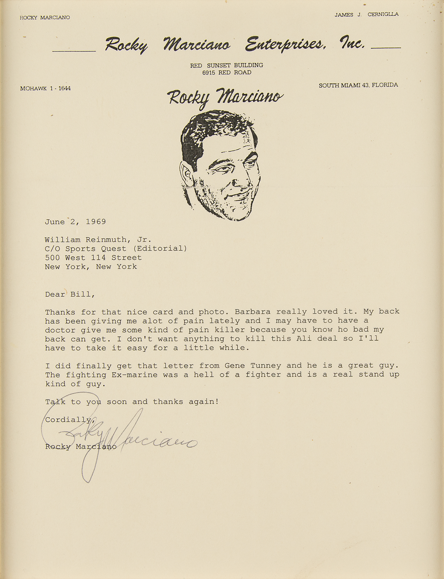 Lot #800 Rocky Marciano Typed Letter Signed