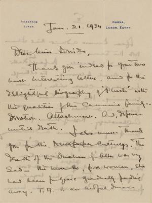 Lot #122 Howard Carter Autograph Letter Signed on King Tut's Curse