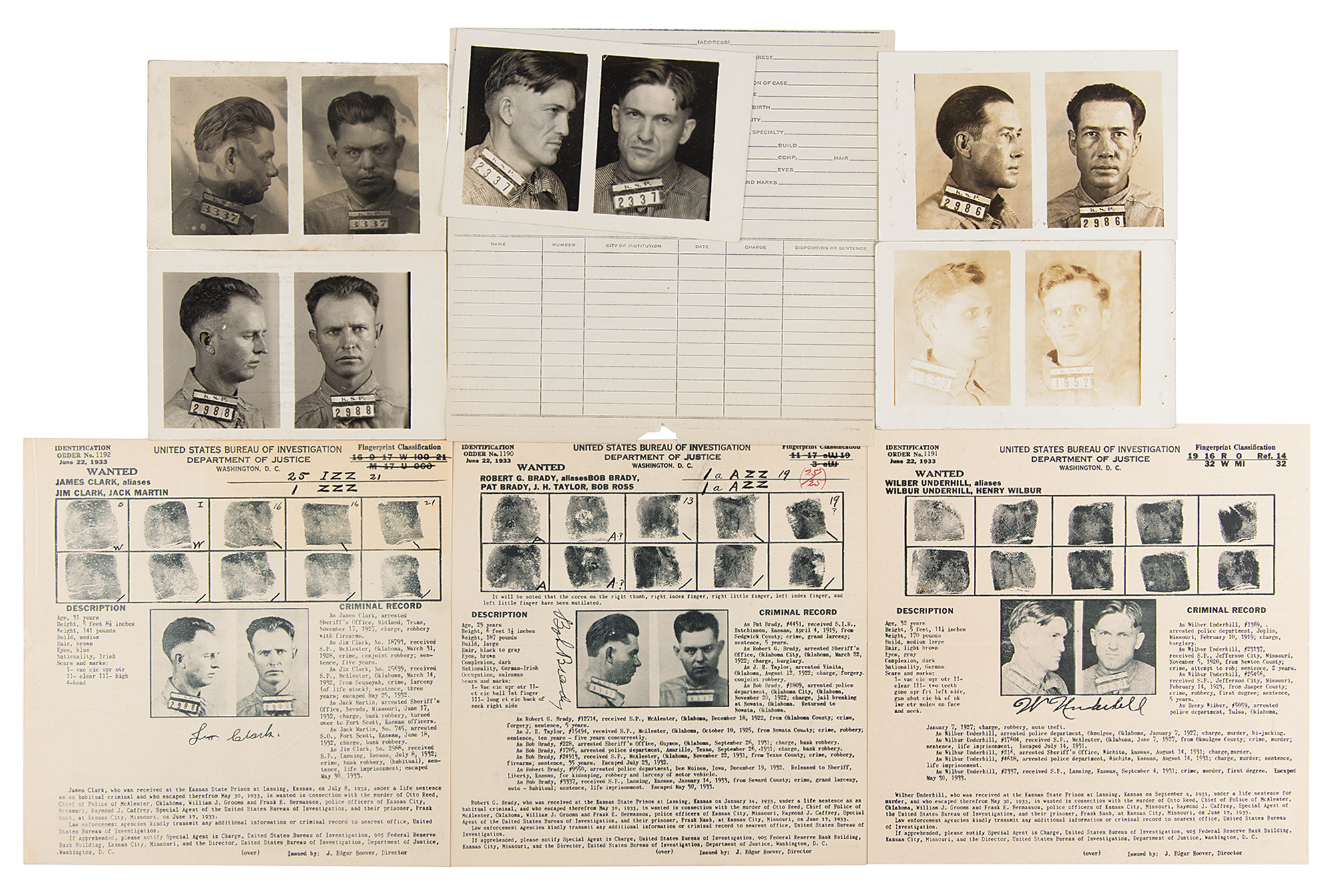 Lot #299 Wilbur Underhill, Jr. and Cookson Hills Gang Wanted Notices and Mug Shots