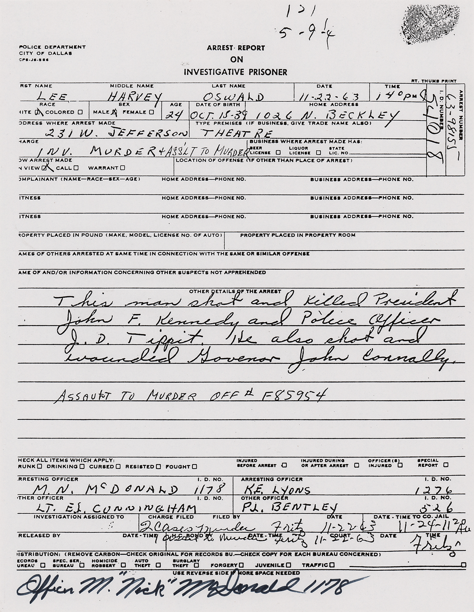 Lot #223 Kennedy Assassination: Maurice 'Nick' McDonald Signed Arrest Report