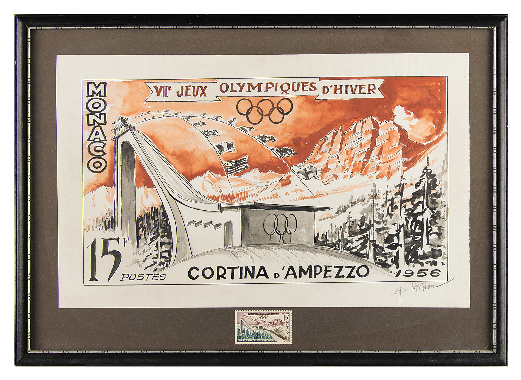Lot #4267 Cortina 1956 Winter Olympics Original Watercolor Painting for the Official Monaco 15f 'Ski Jump' Stamp