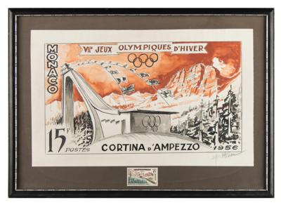 Lot #4267 Cortina 1956 Winter Olympics Original Watercolor Painting for the Official Monaco 15f 'Ski Jump' Stamp