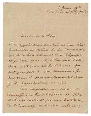 Lot #4314 Pierre de Coubertin Autograph Letter Signed to the Mayor of Ancient Olympia - Image 1