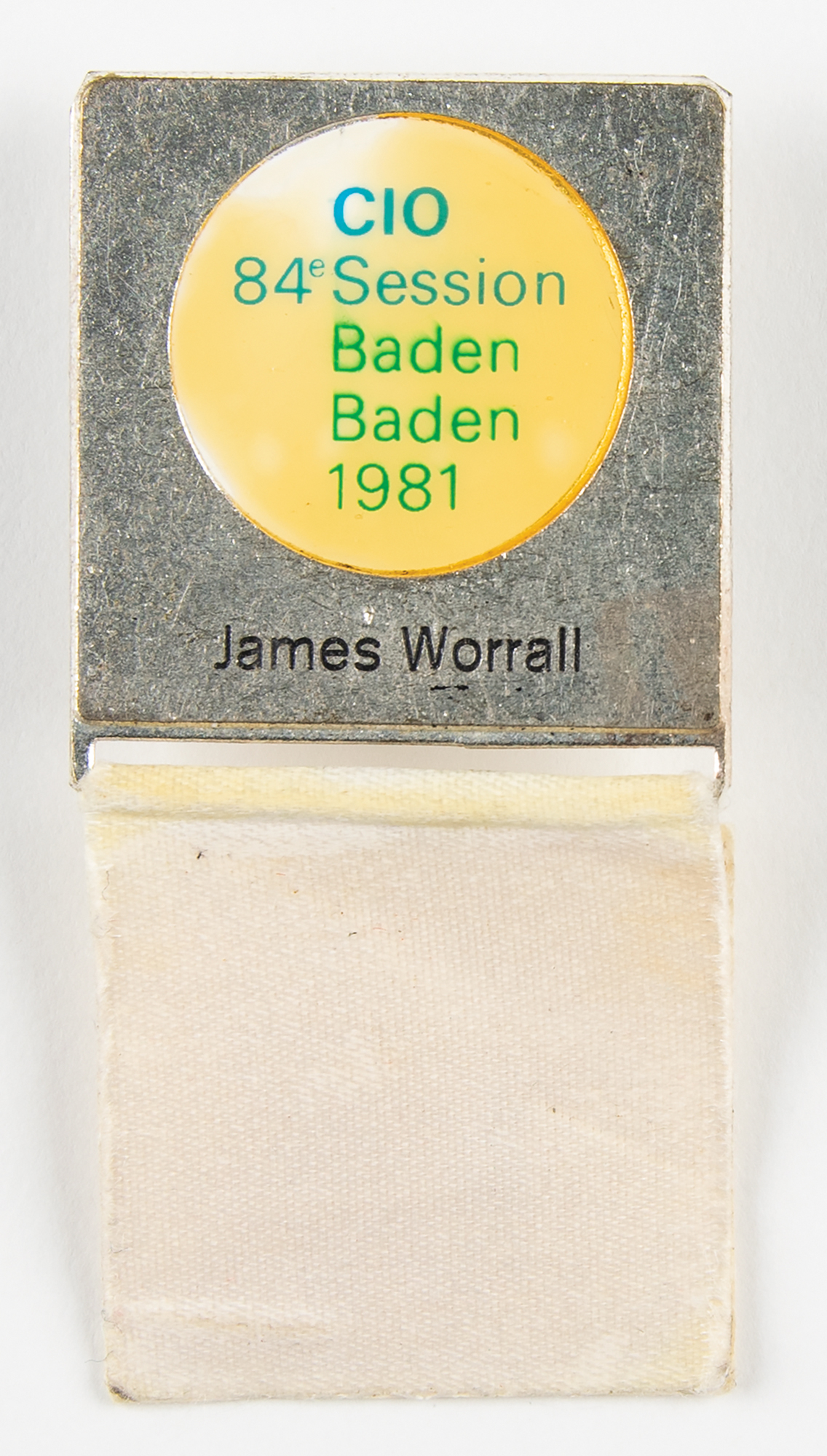 Lot #4145 84th IOC Session in Baden-Baden, 1981. IOC Member's Badge for James Worrall