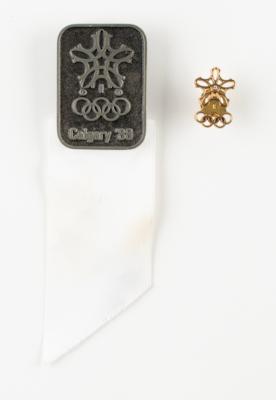 Lot #4189 Calgary 1988 Winter Olympics IOC Pin and Badge Presented to Member James Worrall