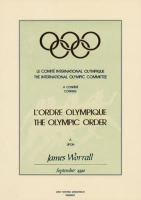 Lot #4121 Olympic Order in Silver Presented by President Samaranch to IOC Member James Worrall - Image 7