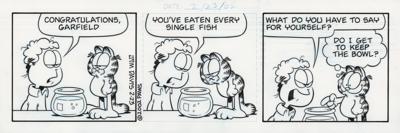 Lot #514 Jim Davis Original Signed and Hand-Drawn Garfield Comic Strip: February 23, 2002