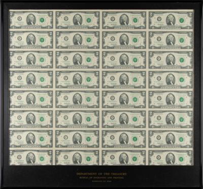 Lot #300 Treasury Department: Sheet of 32 Uncut Two-Dollar Bills