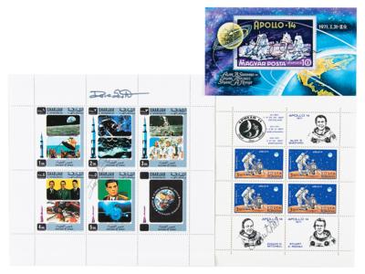 Lot #407 Apollo Astronauts: Dave Scott, Edgar Mitchell, and Stuart Roosa Signed Stamps