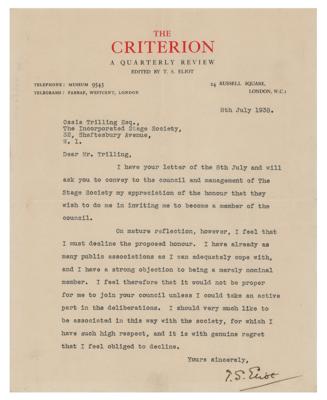 Lot #560 T. S. Eliot Typed Letter Signed