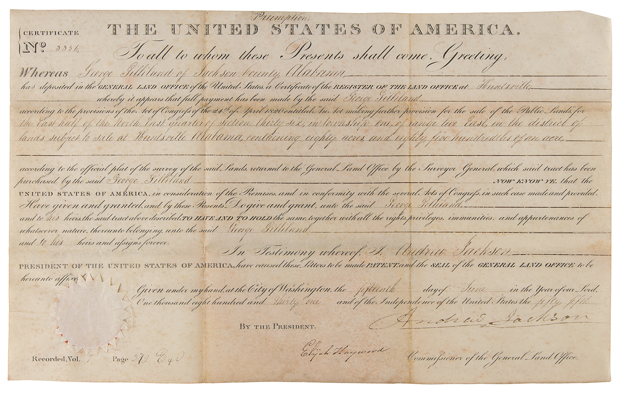 Lot #10 Andrew Jackson Document Signed as President