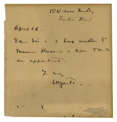 Lot #588 William Butler Yeats Autograph Letter Signed