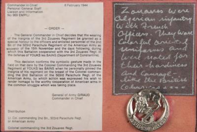 Lot #375 William P. Yarborough's French 3rd Zouave Regiment Signed Badge Display with Handwritten Notes - Image 1