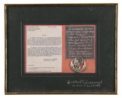 Lot #375 William P. Yarborough's French 3rd Zouave Regiment Signed Badge Display with Handwritten Notes - Image 2
