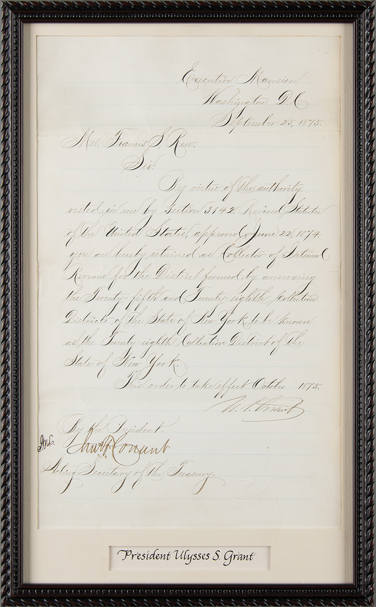 Lot #14 U. S. Grant Letter Signed as President