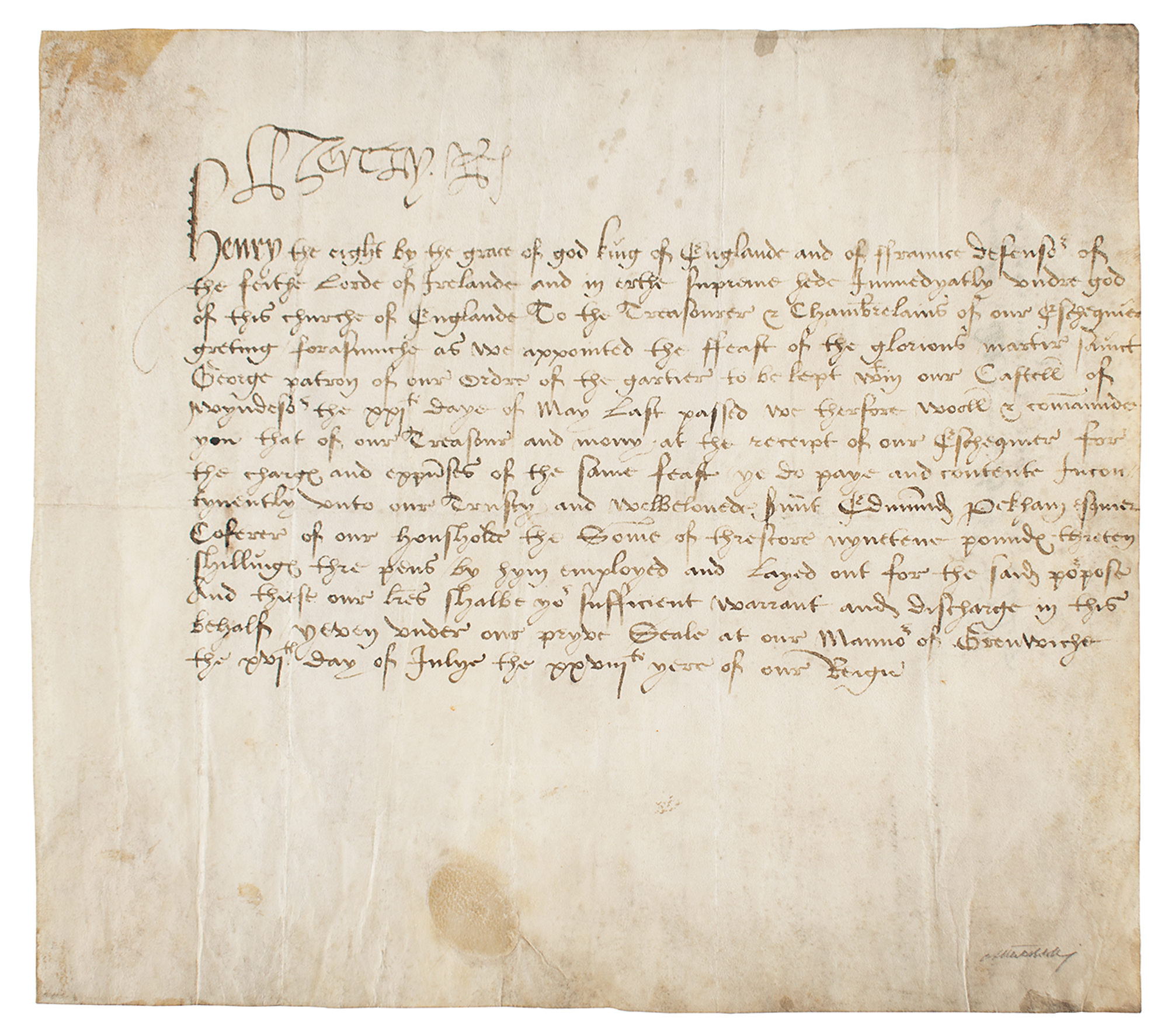 Lot #150 King Henry VIII Document Signed