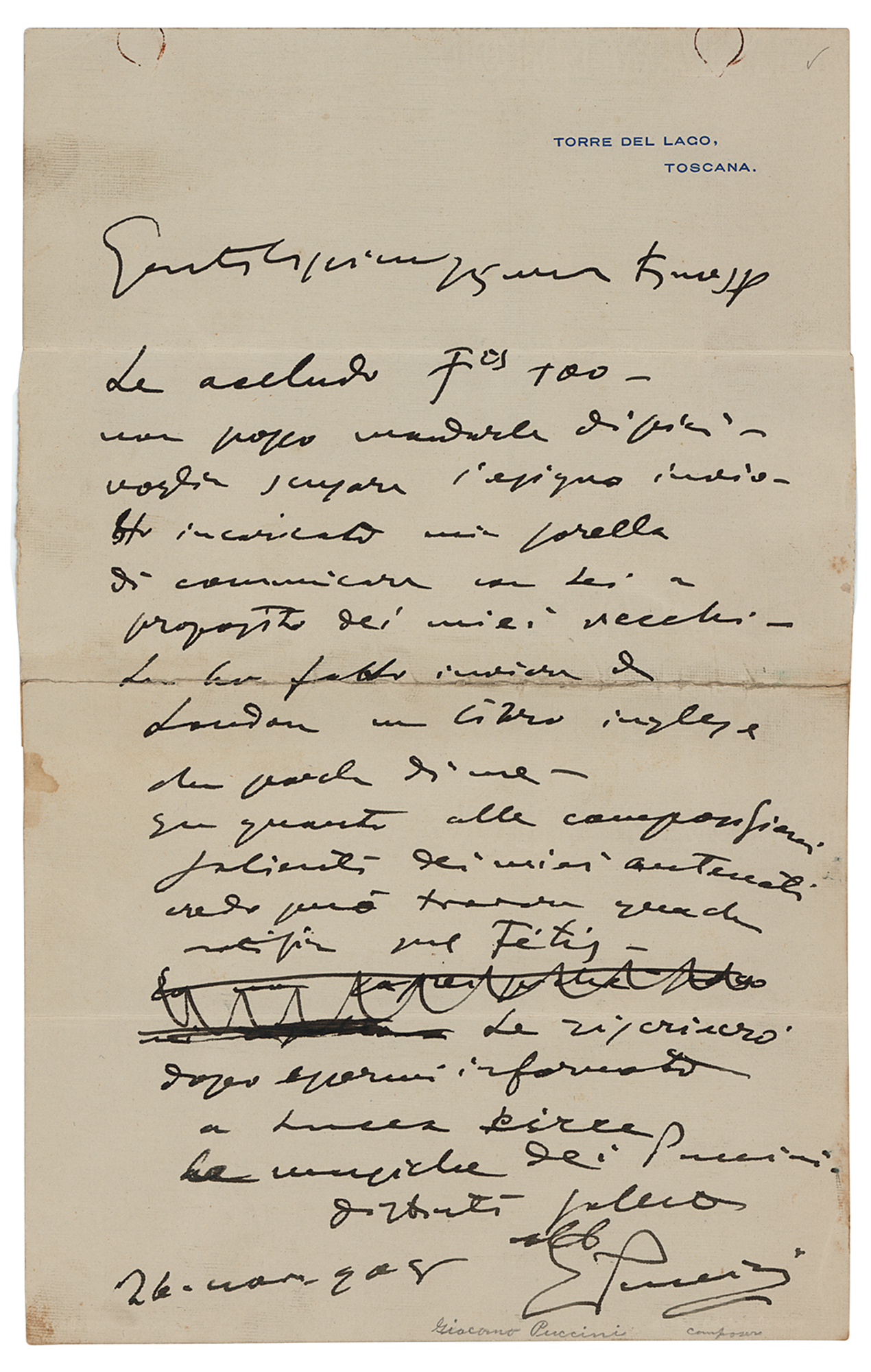 Lot #536 Giacomo Puccini Autograph Letter Signed
