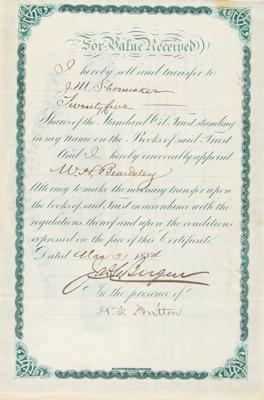 Lot #111 John D. Rockefeller, Henry Flagler, and Jabez A. Bostwick Signed Stock Certificate - Image 2