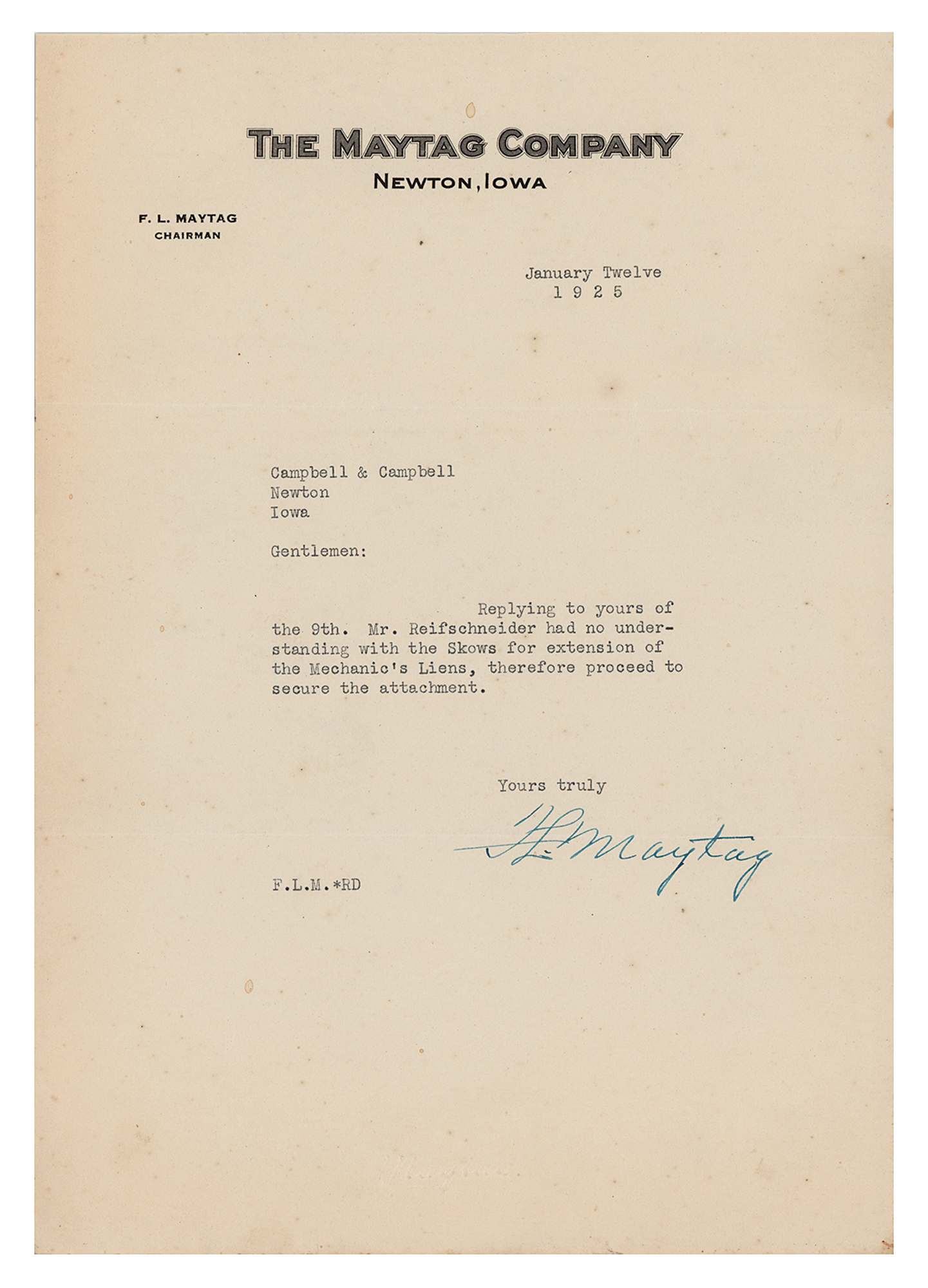 Lot #88 F. L. Maytag Typed Letter Signed