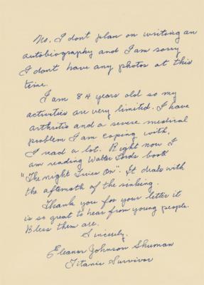Lot #308 Titanic: Eleanor Shuman Autograph Letter Signed - Image 3