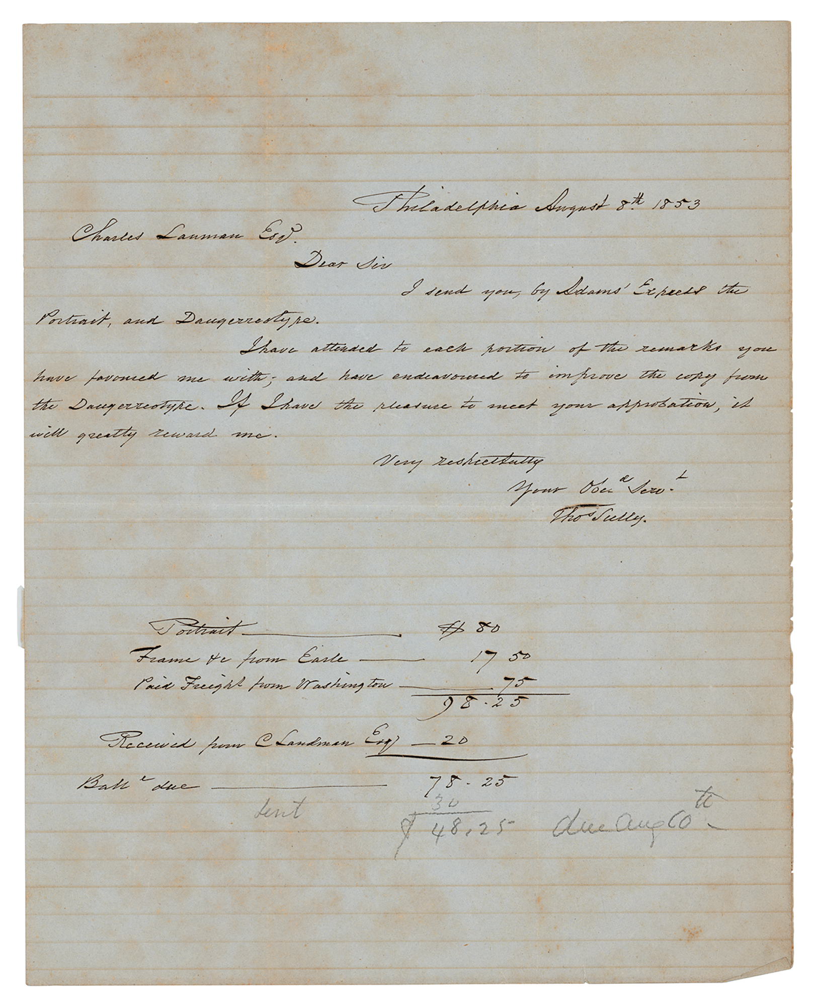 Lot #432 Thomas Sully Autograph Letter Signed