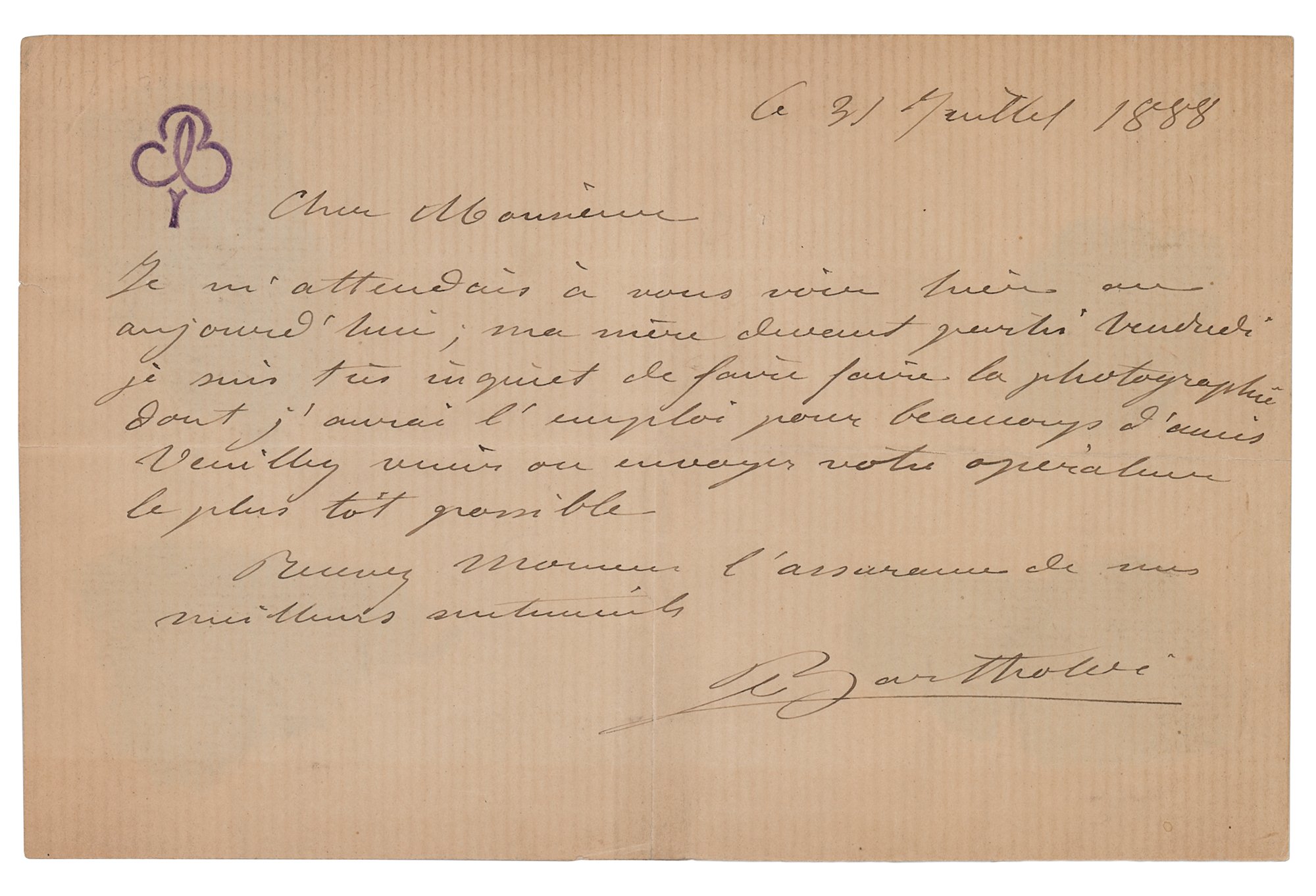 Lot #414 Frederic Auguste Bartholdi Autograph Letter Signed