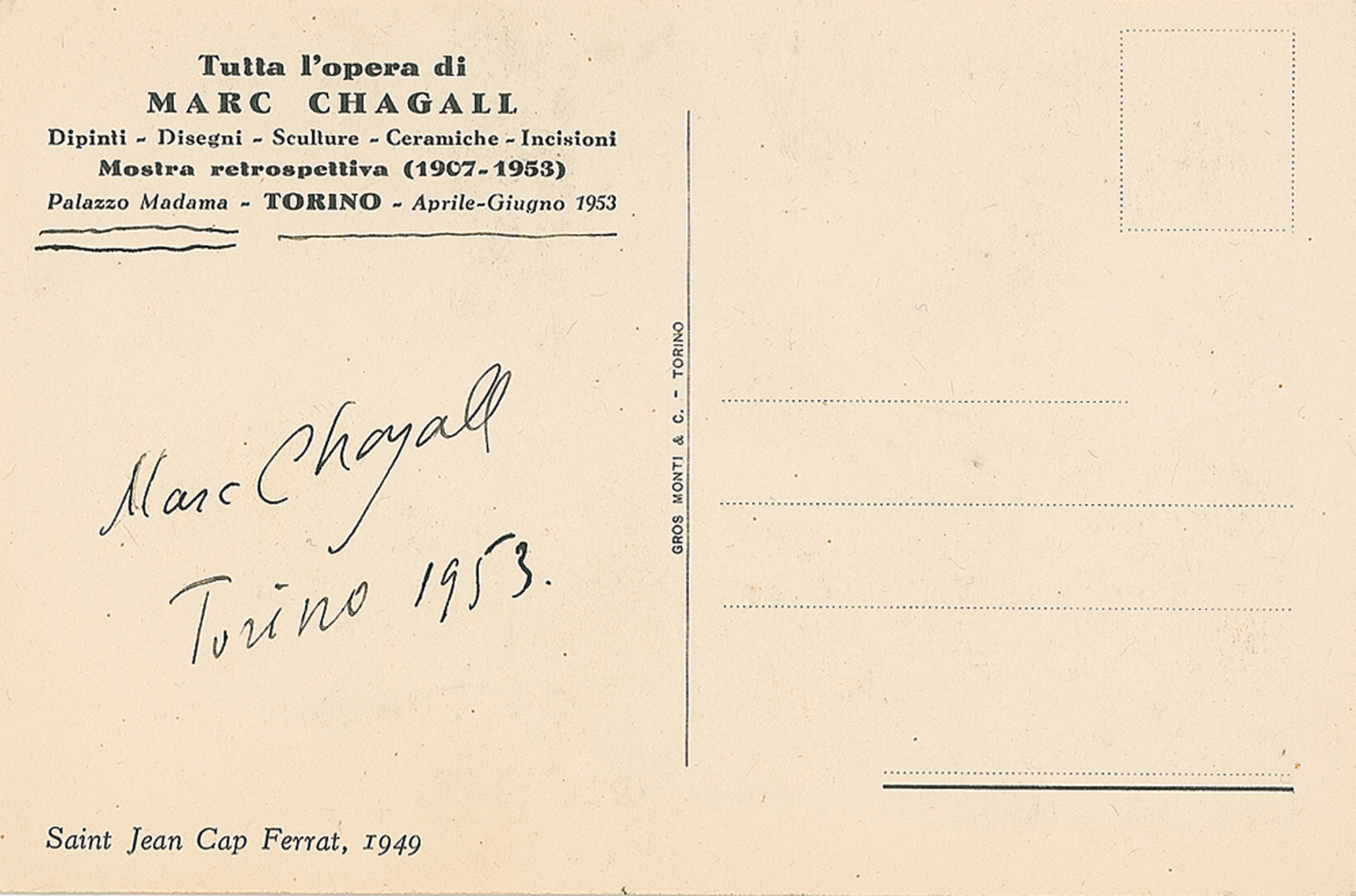 Lot #418 Marc Chagall Signed Postcard