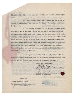 Lot #831 George S. Kaufman and Robert E. Sherwood Document Signed - Image 2