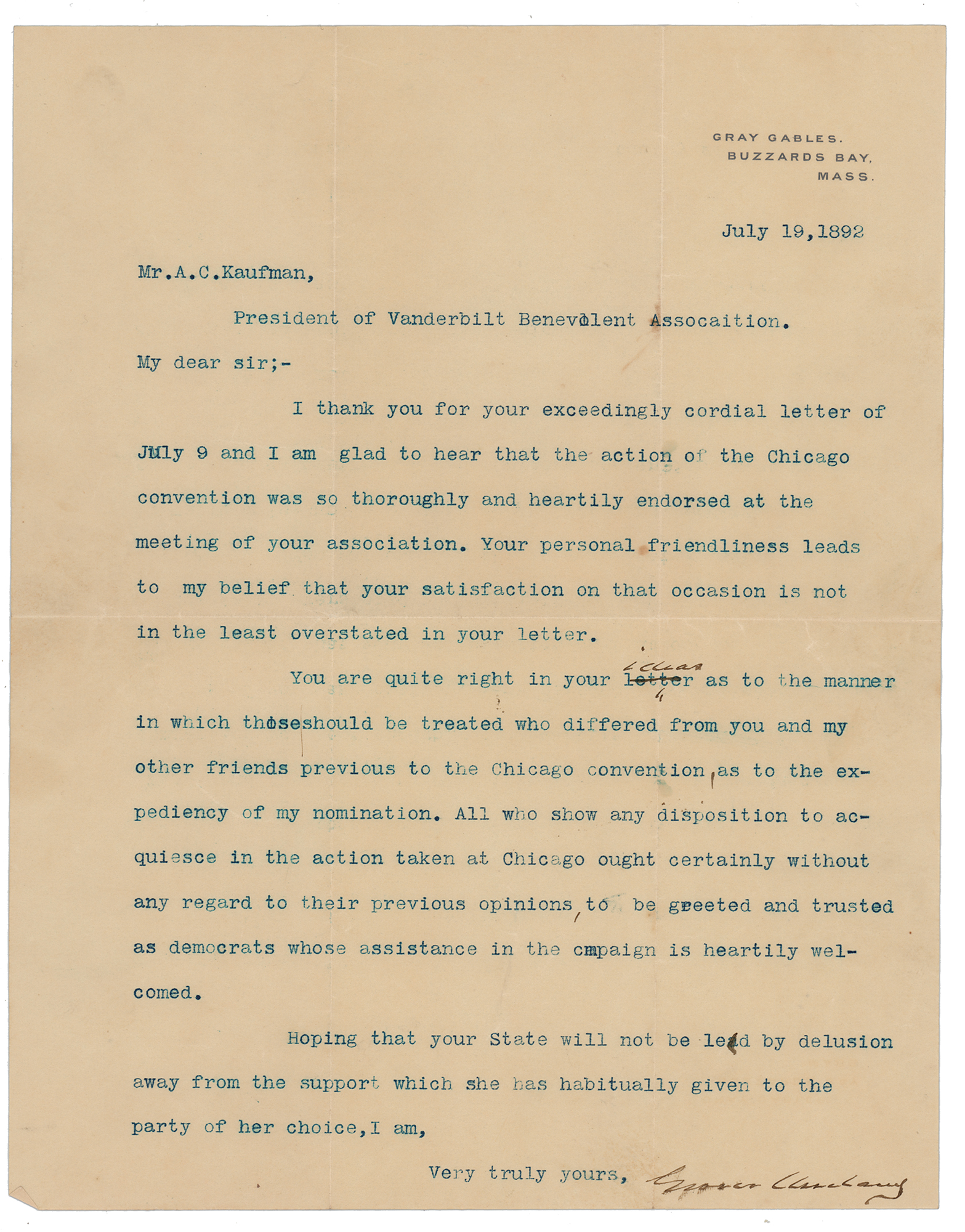 Lot #38 Grover Cleveland Typed Letter Signed