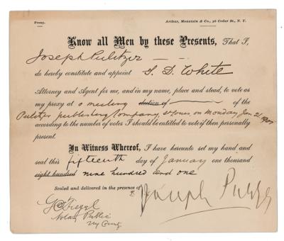 Lot #288 Joseph Pulitzer Document Signed - Image 1