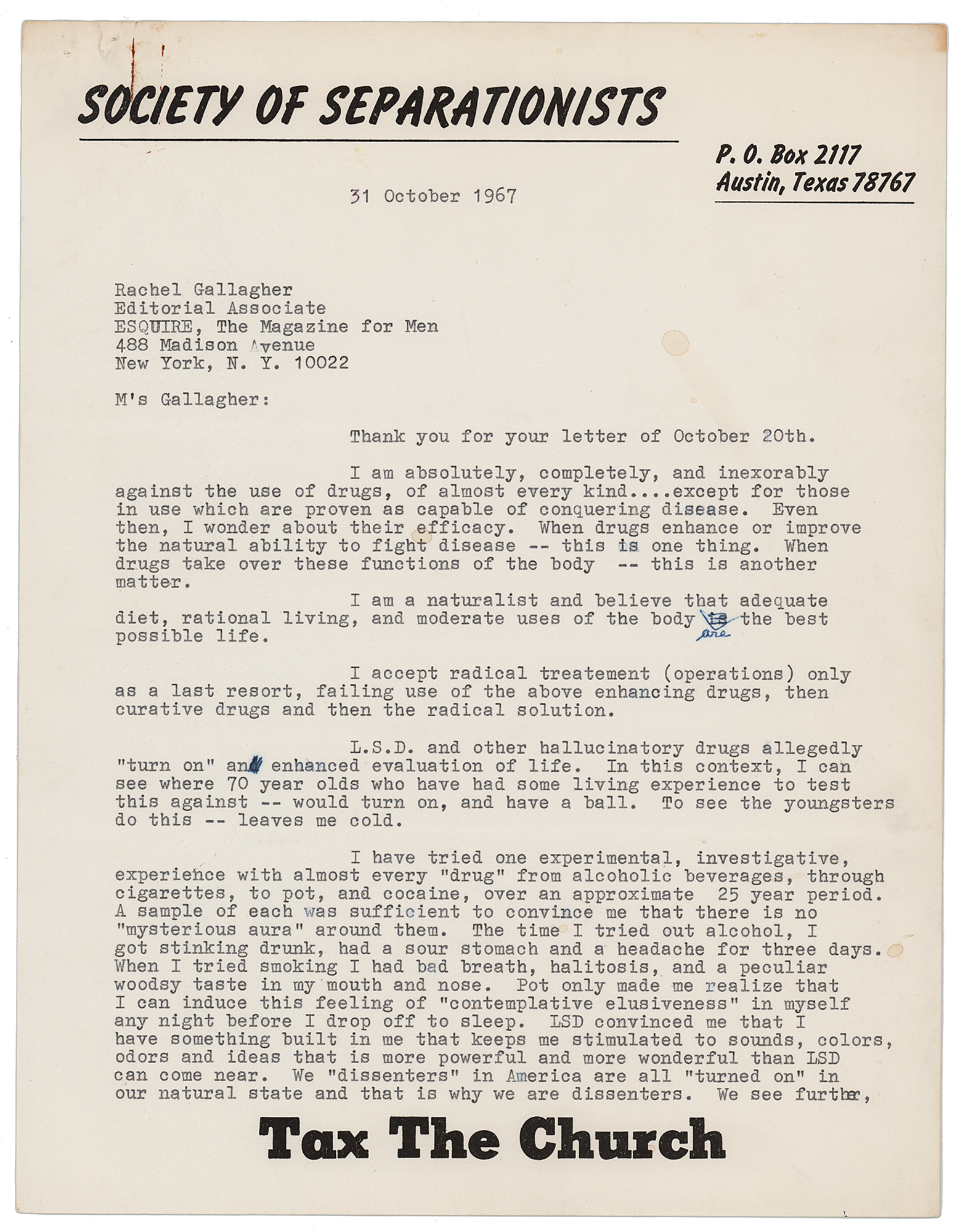 Lot #277 Madalyn Murray O'Hair Typed Letter Signed